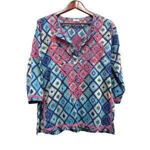 Lucero Castelazo Blue & Pink Embroidered Tunic Top Made in India Medium